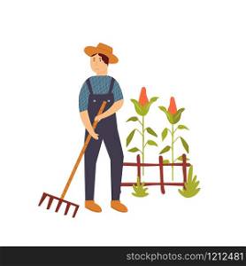 Scene with a farmer working in the field. Vector illustration of a rural life. Scene with a farmer working in the field