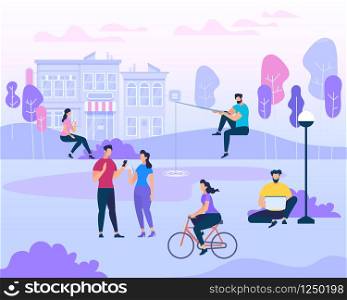 Scene with Active Family Vacation. People Groups on Bbq Picnic, Fishing, Wqalking Dogs. Happy Couples and Characters in Various Outdoor Activity in Summer City Park. Cartoon Flat Vector Illustration.. Scene with Active Family Vacation, Park Activities