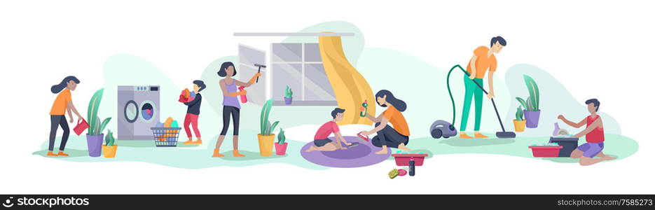 Scene with big family doing housework, kids helping parents with home cleaning, washing dishes, fold clothes, cleaning window, carpet and floor, wipe dust, water flower. Vector illustration cartoon style. Scene with big family doing housework, kids helping parents with home cleaning, washing dishes, fold clothes, cleaning window, carpet and floor, wipe dust, water flower. Vector illustration cartoon