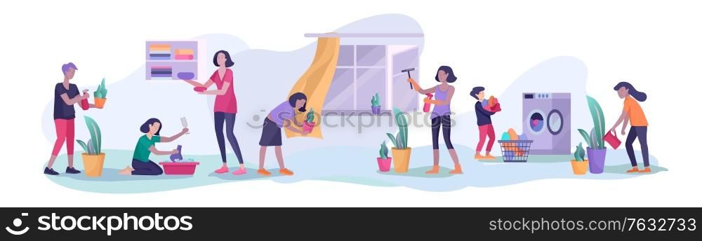 Scene with big family doing housework, kids helping parents with home cleaning, washing dishes, fold clothes, cleaning window, carpet and floor, wipe dust, water flower. Vector illustration cartoon style. Scene with big family doing housework, kids helping parents with home cleaning, washing dishes, fold clothes, cleaning window, carpet and floor, wipe dust, water flower. Vector illustration cartoon