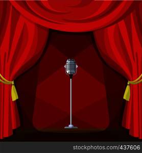 Scene with red curtains and retro microphone. Vector illustration in cartoon style. Concert show entertainment, musical theater event. Scene with red curtains and retro microphone. Vector illustration in cartoon style