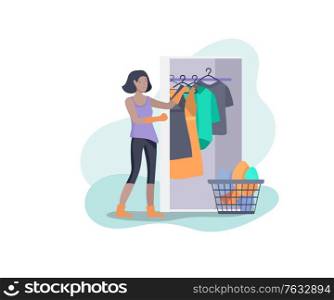 Scene with the girl doing housework, children helping their parents clean the house, washing clothes iand putting things in the wardrobe or closet. Vector illustration of cartoon style.. Scene with the girl doing housework, children helping their parents clean the house, washing clothes iand putting things in the wardrobe or closet. Vector illustration of cartoon