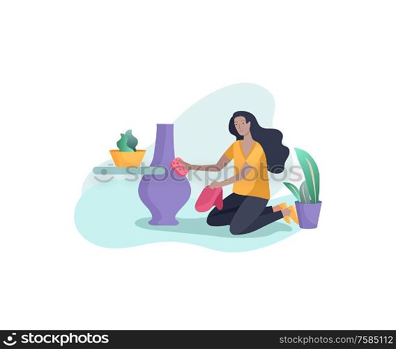 Scene with woman doing housework, home cleaning, washing dishes, wipe dust, water flower. Vector illustration cartoon style. Scene with woman doing housework, home cleaning, washing dishes, wipe dust, water flower. Vector illustration cartoon