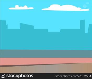 Scenery landscape of buildings silhouettes at sunrise or sunset, view from bridge or road. Cityscape skyscraper houses and real estate departments in evening. Vector illustration in flat cartoon style. Scenery Landscape Buildings Silhouettes at Sunrise