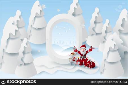 Scenery Merry Christmas and New Year on holidays background with forest winter snowflakes season.Creative snowman Santa Claus of gift box,bird and rat paper cut and craft for window airplane concept.