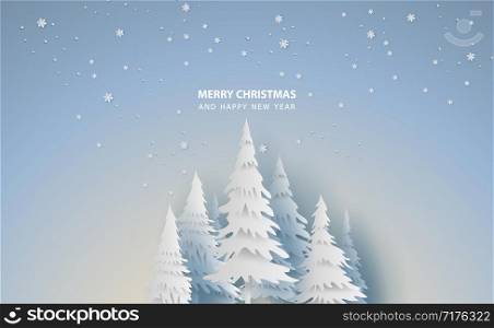 Scenery Merry Christmas and New Year on holidays background with forest winter snowflakes season landscape.Creative graphic snowfall paper art and cut for card and postcard Vector Illustration. EPS10