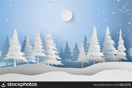 Scenery Merry Christmas and New Year on holidays background with forest winter snowflakes season landscape.Creative design paper art and cut style for card and Xmas postcard Vector Illustration.EPS10