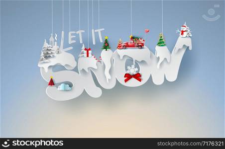 Scenery Merry Christmas and New Year on holidays background with Paper origami mobile winter snowflakes season.Creative calligraphy text Let it snow of decoration paper art and cut style.vector.