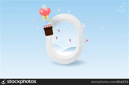 Scenery Merry Christmas and New Year on holidays background with winter snowflakes season.Creative paper cut and craft of balloon heart gift box fly on Airplane window view concept idea.vector EPS10
