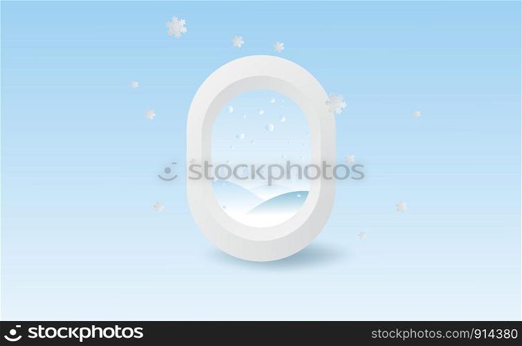 Scenery Merry Christmas and New Year on holidays background with winter snowflakes season.Creative minimal paper cut and craft of Airplane window forest view high concept idea.vector illustration
