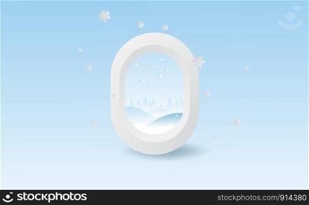 Scenery Merry Christmas and New Year on holidays background with winter snowflakes season.Creative minimal paper cut and craft of Airplane window forest view high concept idea.vector illustration