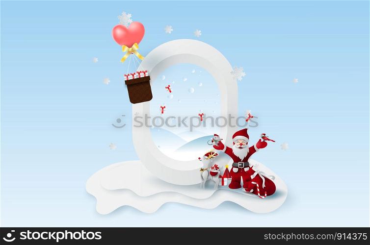 Scenery Merry Christmas and New Year on holidays balloon heart with winter snow season.Creative snowman Santa Claus of gift box,bird and rat paper cut and craft for window airplane concept.vector.