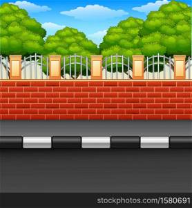 Scenery of a street with brick fences and green plants