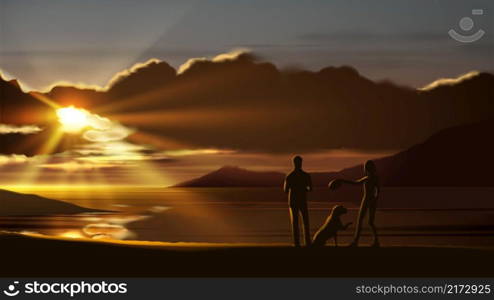 Scenery vector illustration of a couple is relaxing and playing with their beloved dog at the seashore with a beautiful sunset.