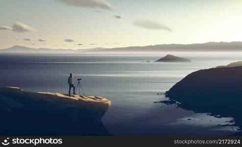 Scenery vector illustration of a photographer is patiently taking a photo of the beautiful sunset on the cliff with a breathtaking background of the vast coastline
