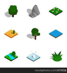 Scenes of nature icons set. Isometric 3d illustration of 9 scenes of nature vector icons for web. Scenes of nature icons set, isometric 3d style
