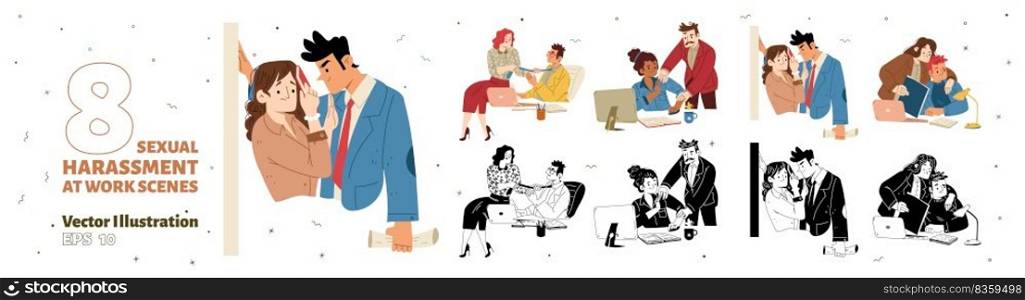 Scenes of sexual harassment in office. Sexual assault, unwanted touches, inappropriate behavior at workplace with boss harassing employee, vector black and white, colored illustration. Scenes of sexual harassment in office