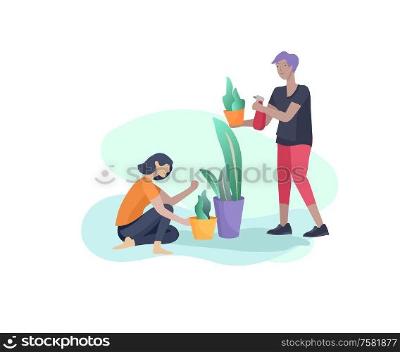 Scenes with family doing housework, couple home cleaning, washing greens, cleaning home garden, water flower. Vector illustration cartoon style. Scenes with family doing housework, couple home cleaning, washing greens, cleaning home garden, water flower. Vector illustration cartoon