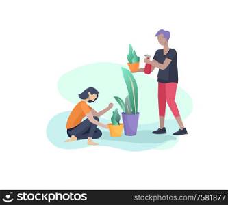 Scenes with family doing housework, couple home cleaning, washing greens, cleaning home garden, water flower. Vector illustration cartoon style. Scenes with family doing housework, couple home cleaning, washing greens, cleaning home garden, water flower. Vector illustration cartoon