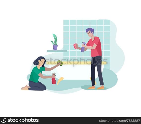 Scenes with family doing housework, couple man and woma home cleaning, washing toilet, wipe dust in bathroom. Vector illustration cartoon style. Scenes with family doing housework, couple man and woma home cleaning, washing toilet, wipe dust in bathroom. Vector illustration cartoon