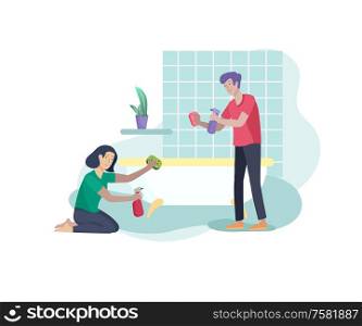 Scenes with family doing housework, couple man and woma home cleaning, washing toilet, wipe dust in bathroom. Vector illustration cartoon style. Scenes with family doing housework, couple man and woma home cleaning, washing toilet, wipe dust in bathroom. Vector illustration cartoon