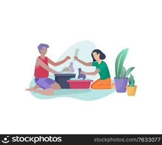 Scenes with family doing housework, couple man and woma home cleaning, washing dishes, wipe dust, water flower. Vector illustration cartoon style. Scenes with family doing housework, couple man and woma home cleaning, washing dishes, wipe dust, water flower. Vector illustration cartoon