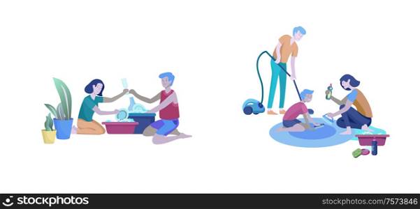 Scenes with family doing housework, couple man and woman home cleaning, washing dishes, cleaning carpet and floor, wipe dust, vacuum out. Vector illustration cartoon style. Scenes with family doing housework, couple man and woman home cleaning, washing dishes, cleaning carpet and floor, wipe dust, vacuum out. Vector illustration cartoon