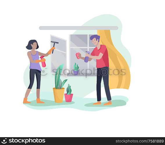 Scenes with family doing housework, couple man and woman home cleaning, washing and cleaning window, wipe dust, water flower. Vector illustration cartoon style. Scenes with family doing housework, couple man and woman home cleaning, washing and cleaning window, wipe dust, water flower. Vector illustration cartoon