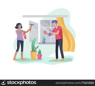 Scenes with family doing housework, couple man and woman home cleaning, washing and cleaning window, wipe dust, water flower. Vector illustration cartoon style. Scenes with family doing housework, couple man and woman home cleaning, washing and cleaning window, wipe dust, water flower. Vector illustration cartoon