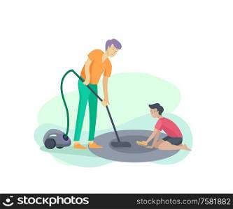 Scenes with family doing housework, kids boy helping father with home cleaning, washing dishes, fold clothes, cleaning window, carpet and floor, wipe dust, water flower. Vector illustration cartoon. Scenes with family doing housework, kids boy helping father with home cleaning, washing dishes, fold clothes, cleaning window, carpet and floor, wipe dust, water flower. Vector illustration