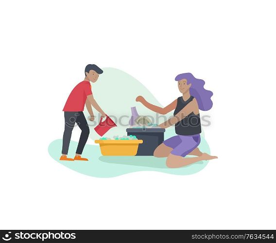 Scenes with family doing housework, kids helping mother with home cleaning, washing dishes, wipe dust, water flower. Vector illustration cartoon style. Scenes with family doing housework, kids helping mother with home cleaning, washing dishes, wipe dust, water flower. Vector illustration cartoon