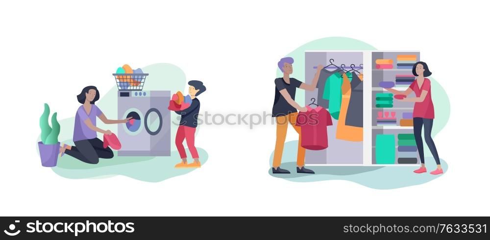 Scenes with family doing housework, kids helping parents with home cleaning, fold clothes in wardrobe, washing clothes in machine, wipe dust. Vector illustration cartoon style. Scenes with family doing housework, kids helping parents with home cleaning, fold clothes in wardrobe, washing clothes in machine, wipe dust. Vector illustration cartoon