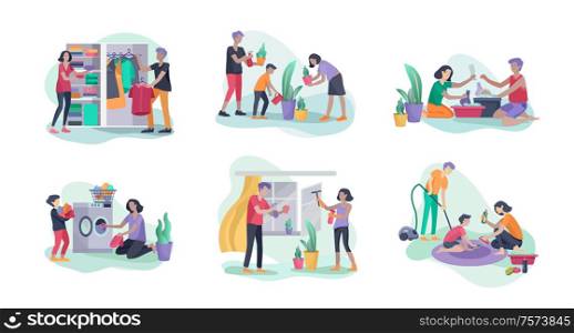 Scenes with family doing housework, kids helping parents with home cleaning, washing dishes, fold clothes, cleaning window, carpet and floor, wipe dust, water flower. Vector illustration cartoon style. Scenes with family doing housework, kids helping parents with home cleaning, washing dishes, fold clothes, cleaning window, carpet and floor, wipe dust, water flower. Vector illustration cartoon