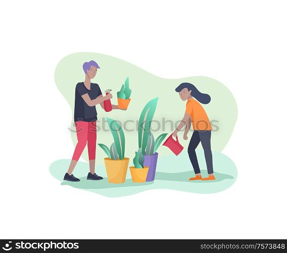 Scenes with family doing housework, kids helping parents with home cleaning, washing greens, cleaning home garden, water flower. Vector illustration cartoon style. Scenes with family doing housework, kids helping parents with home cleaning, washing greens, cleaning home garden, water flower. Vector illustration cartoon