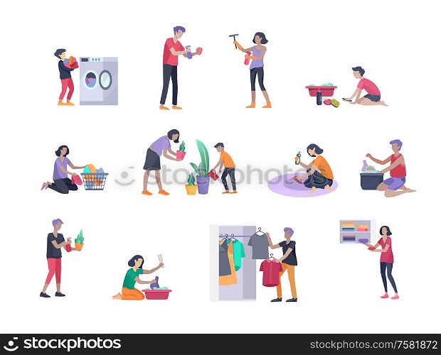 Scenes with family doing housework, kids helping parents with home cleaning, washing dishes, fold clothes, cleaning window, carpet and floor, wipe dust, water flower. Vector illustration cartoon style. Scenes with family doing housework, kids helping parents with home cleaning, washing dishes, fold clothes, cleaning window, carpet and floor, wipe dust, water flower. Vector illustration cartoon