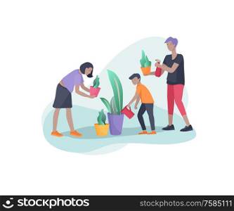 Scenes with family doing housework, kids helping parents with home cleaning, washing greens, cleaning home garden, water flower. Vector illustration cartoon style. Scenes with family doing housework, kids helping parents with home cleaning, washing greens, cleaning home garden, water flower. Vector illustration cartoon