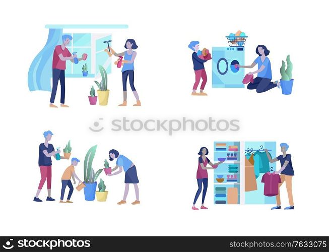 Scenes with family doing housework, kids helping parents with home cleaning, washing, fold clothes, cleaning window, carpet and floor, wipe dust, water flower. Vector illustration cartoon style. Scenes with family doing housework, kids helping parents with home cleaning, washing dishes, fold clothes, cleaning window, carpet and floor, wipe dust, water flower. Vector illustration cartoon