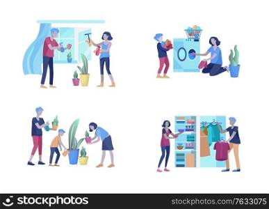 Scenes with family doing housework, kids helping parents with home cleaning, washing, fold clothes, cleaning window, carpet and floor, wipe dust, water flower. Vector illustration cartoon style. Scenes with family doing housework, kids helping parents with home cleaning, washing dishes, fold clothes, cleaning window, carpet and floor, wipe dust, water flower. Vector illustration cartoon