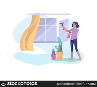 Scenes with famwoman ily doing housework, girl home cleaning, washing and cleaning window, wipe dust. Vector illustration cartoon style. Scenes with famwoman ily doing housework, girl home cleaning, washing and cleaning window, wipe dust. Vector illustration cartoon
