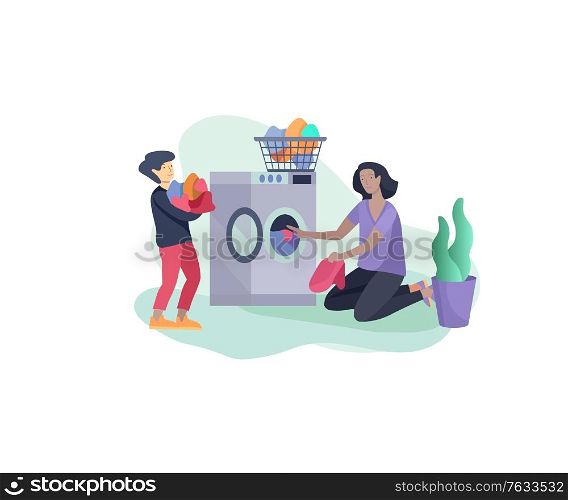 Scenes with the family doing housework, child helping their mother clean the house, washing clothes iand putting things in the wardrobe or closet. Vector illustration of cartoon style.. Scenes with the family doing housework, child helping their mother clean the house, washing clothes iand putting things in the wardrobe or closet. Vector illustration of cartoon