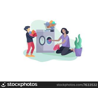 Scenes with the family doing housework, child helping their mother clean the house, washing clothes iand putting things in the wardrobe or closet. Vector illustration of cartoon style.. Scenes with the family doing housework, child helping their mother clean the house, washing clothes iand putting things in the wardrobe or closet. Vector illustration of cartoon