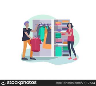 Scenes with the family doing housework, couple man and woman clean the house, washing clothes iand putting things in the wardrobe or closet. Vector illustration of cartoon style.. Scenes with the family doing housework, couple man and woman clean the house, washing clothes iand putting things in the wardrobe or closet. Vector illustration of cartoon