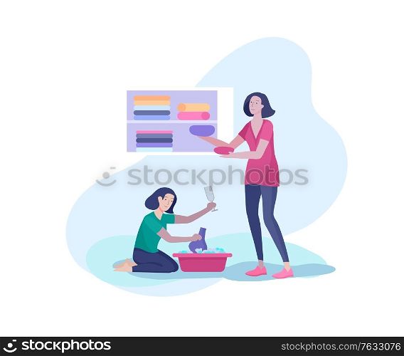 Scenes with the family doing housework, girl helping mother clean the house, washing dishes, wipe dust, washing clothes and putting things in closet. Vector illustration of cartoon style.. Scenes with the family doing housework, girl helping mother clean the house, washing dishes, wipe dust, washing clothes and putting things in closet. Vector illustration of cartoon