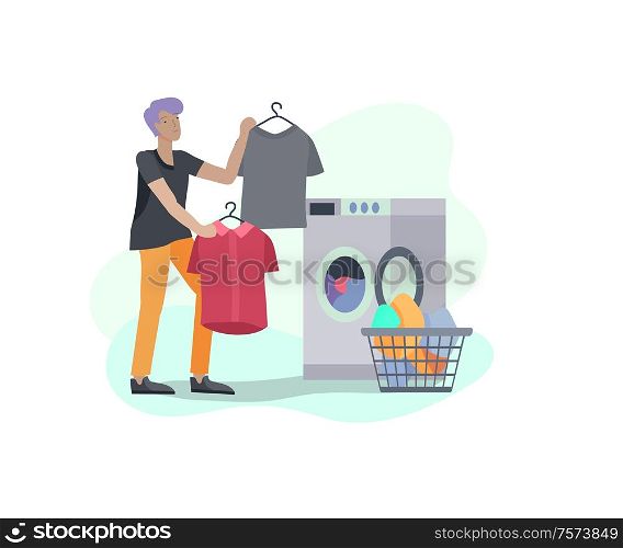 Scenes with the man doing housework, clean the house, washing clothes iand putting things in the wardrobe or closet. Vector illustration of cartoon style.. Scenes with the man doing housework, clean the house, washing clothes iand putting things in the wardrobe or closet. Vector illustration of cartoon
