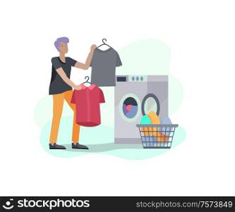 Scenes with the man doing housework, clean the house, washing clothes iand putting things in the wardrobe or closet. Vector illustration of cartoon style.. Scenes with the man doing housework, clean the house, washing clothes iand putting things in the wardrobe or closet. Vector illustration of cartoon