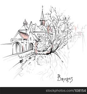 Scenic city view of Bruges canal with beautiful houses. Vector scenic city sketch, view of Bruges canal with beautiful medieval houses and church, Belgium