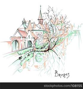 Scenic city view of Bruges canal with beautiful houses. Vector scenic city sketch, view of Bruges canal with beautiful medieval houses and church, Belgium