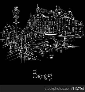 Scenic city view of Bruges canal with beautiful houses. Vector scenic city sketch, view of Bruges canal and bridge with beautiful medieval houses, Belgium. White on black