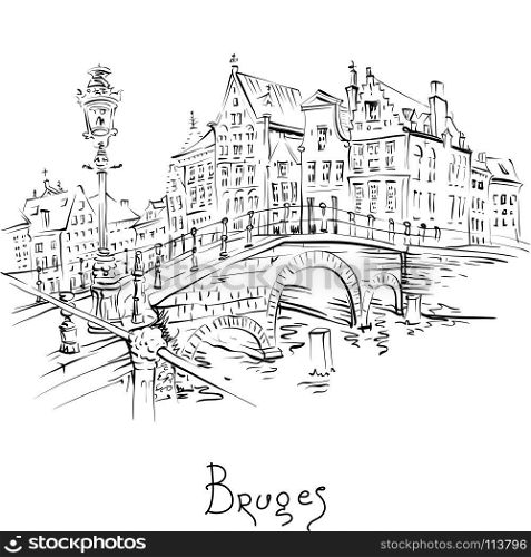 Scenic city view of Bruges canal with beautiful houses. Vector scenic black and white city sketch, view of Bruges canal and bridge with beautiful medieval houses, Belgium