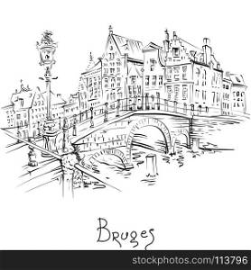 Scenic city view of Bruges canal with beautiful houses. Vector scenic black and white city sketch, view of Bruges canal and bridge with beautiful medieval houses, Belgium